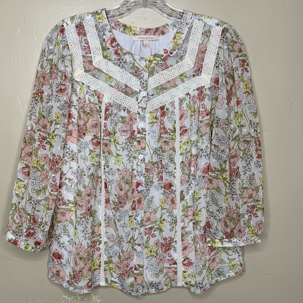 SKIES ARE BLUE Blouse Floral Lace Trim Ethereal Fairy Cottagecore Prairie Small